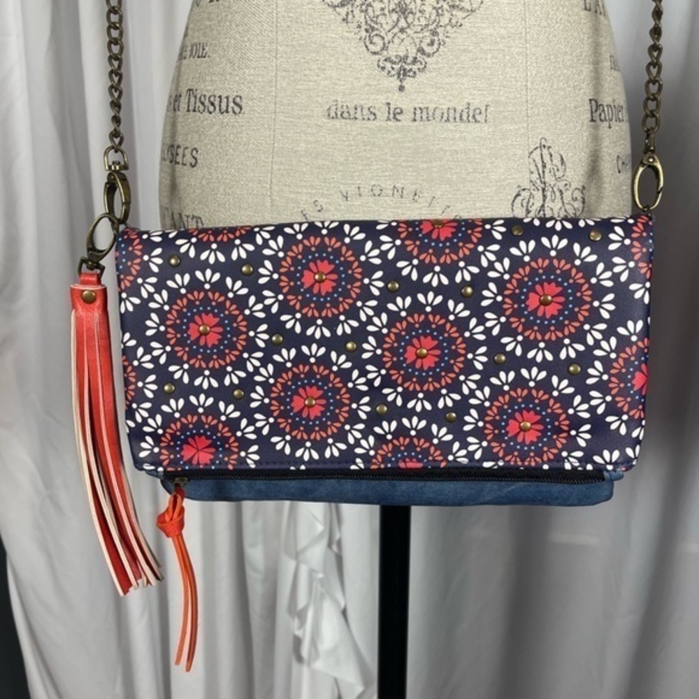 Fold Over Coral/Blue/White Crossbody Bag
